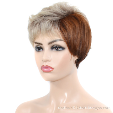 Short Wavy Curly Synthetic Bob Pixie Mushroom Short Cut Wigs Machine Made Hair Brown and White Wig for Black Women with Bangs